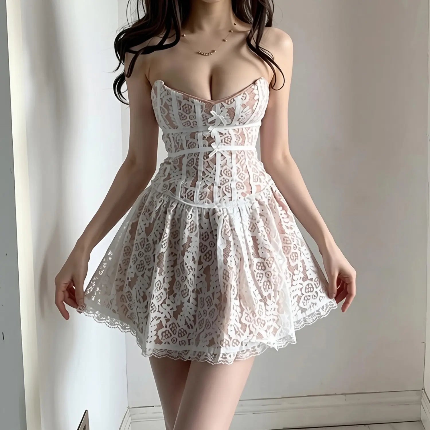 Studio model front view, white floral lace strapless corset mini dress with satin ribbon bows