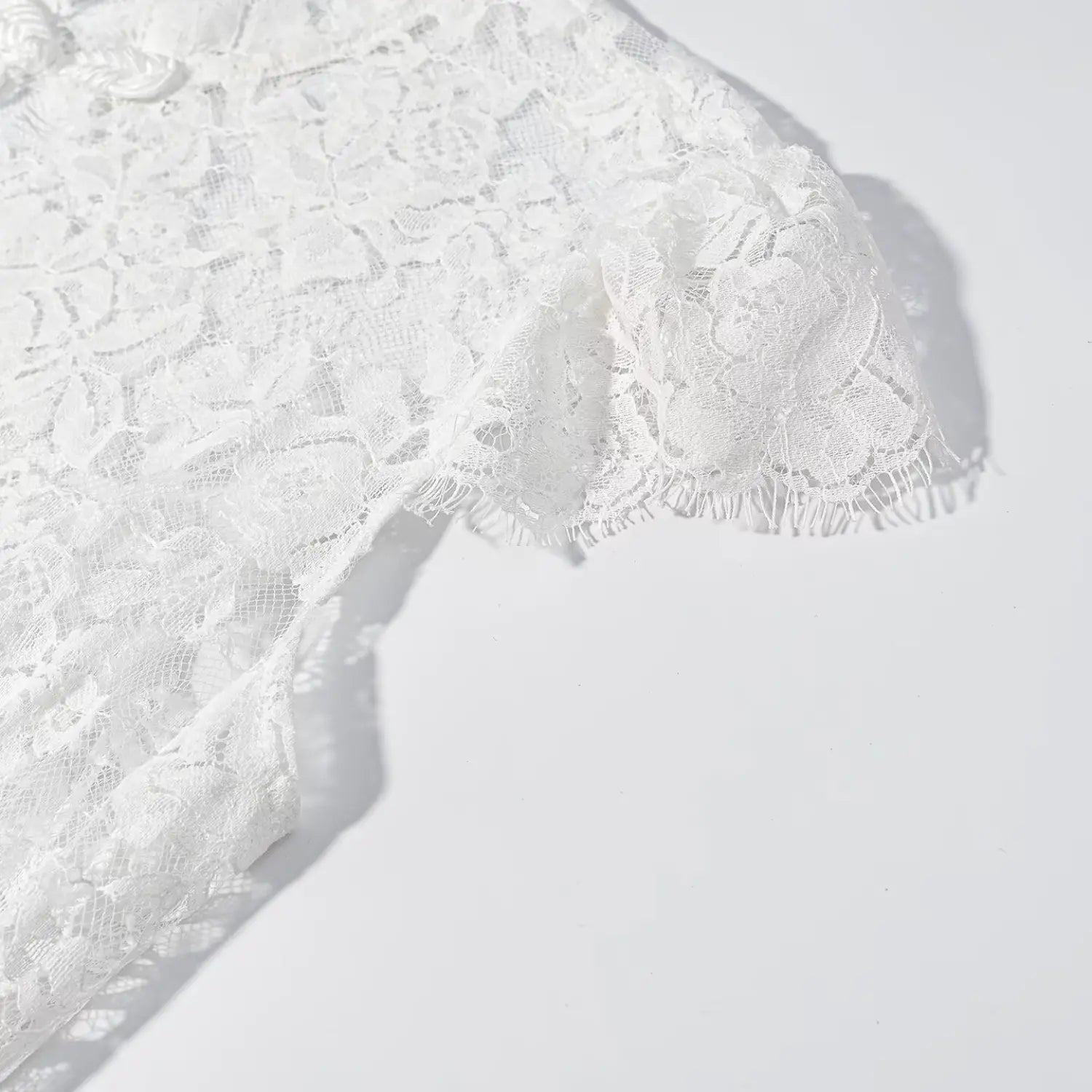 Close‑up cap sleeve fringe lace edge detail white floral lace maxi dress
