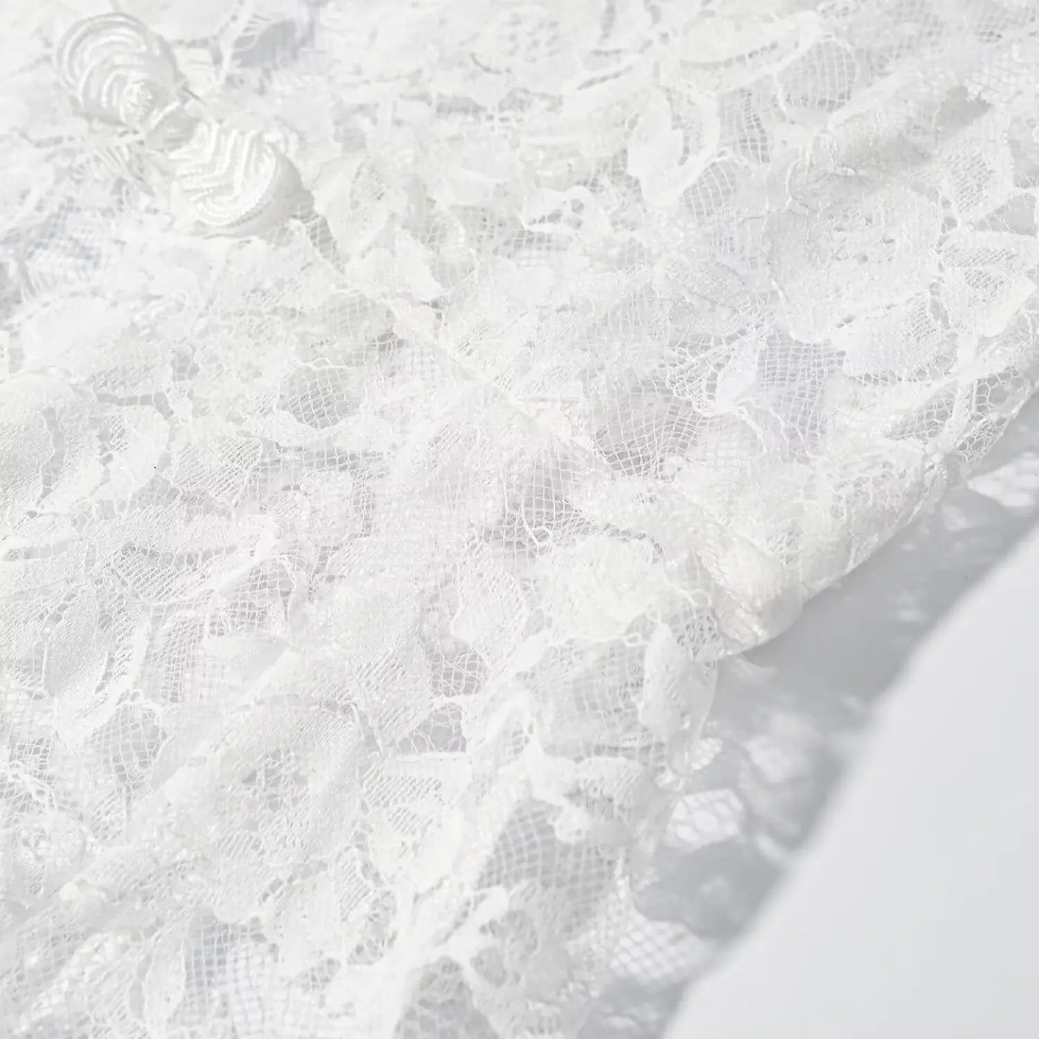 Close‑up texture shot of white rose floral sheer lace fabric weave detail