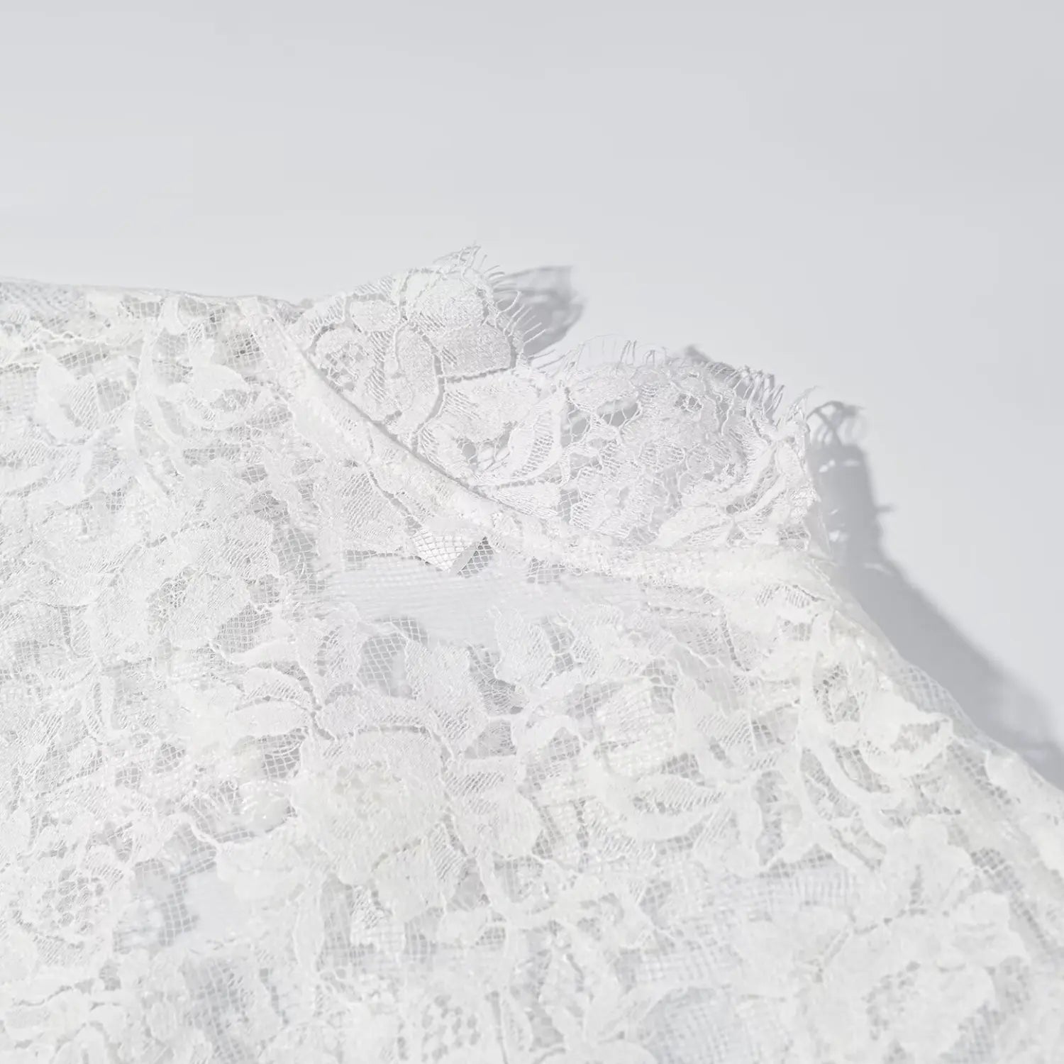 Close‑up stand collar scalloped fringe lace edge of white lace maxi dress