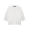 Studio white background full front shot of white vintage blouse, frill stand collar, lace floral embroidery panels, pintuck placket, 3/4 puff ruffle sleeves, relaxed flowy fit