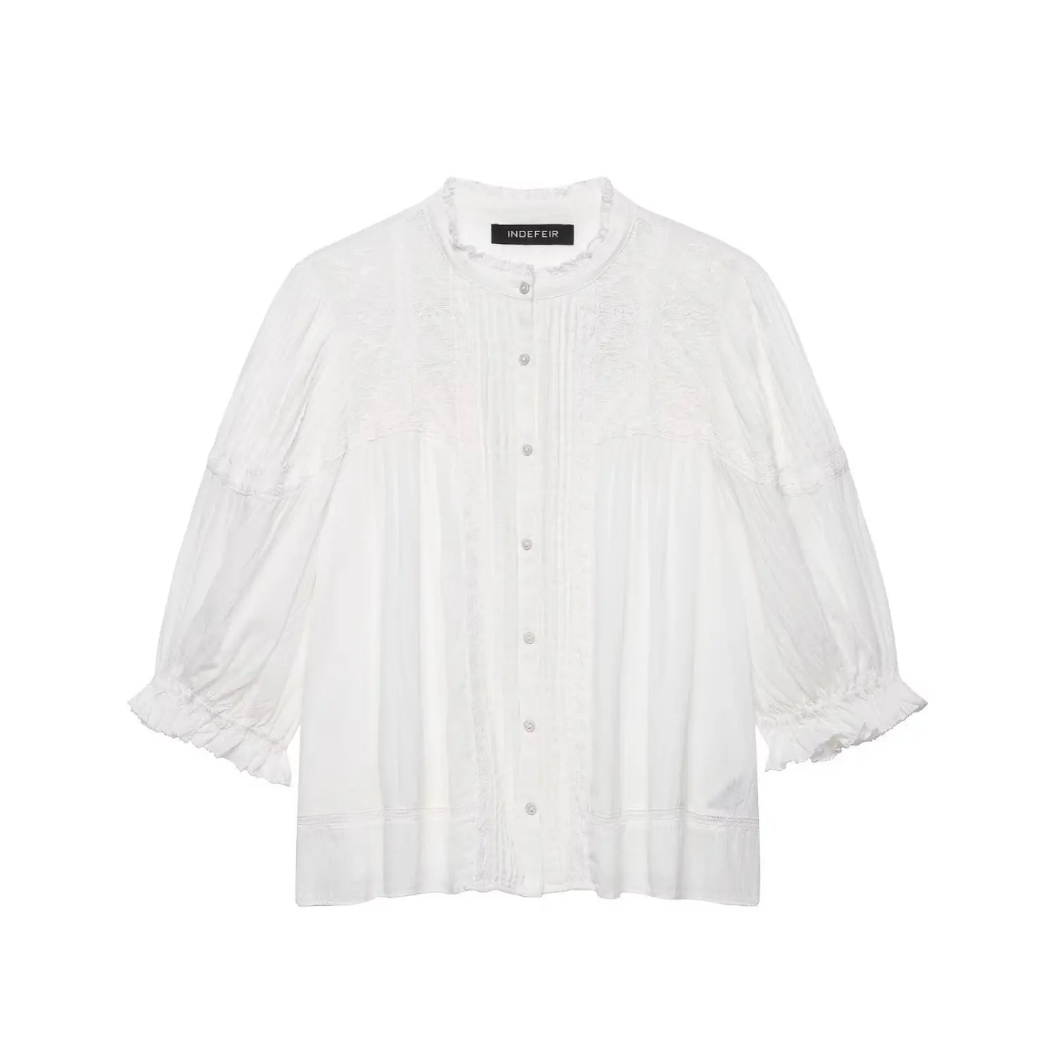 Studio white background full front shot of white vintage blouse, frill stand collar, lace floral embroidery panels, pintuck placket, 3/4 puff ruffle sleeves, relaxed flowy fit