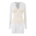 Front view white floral lace long sleeve mini dress paired with cream sweetheart corset top, deep v‑neck two‑piece look