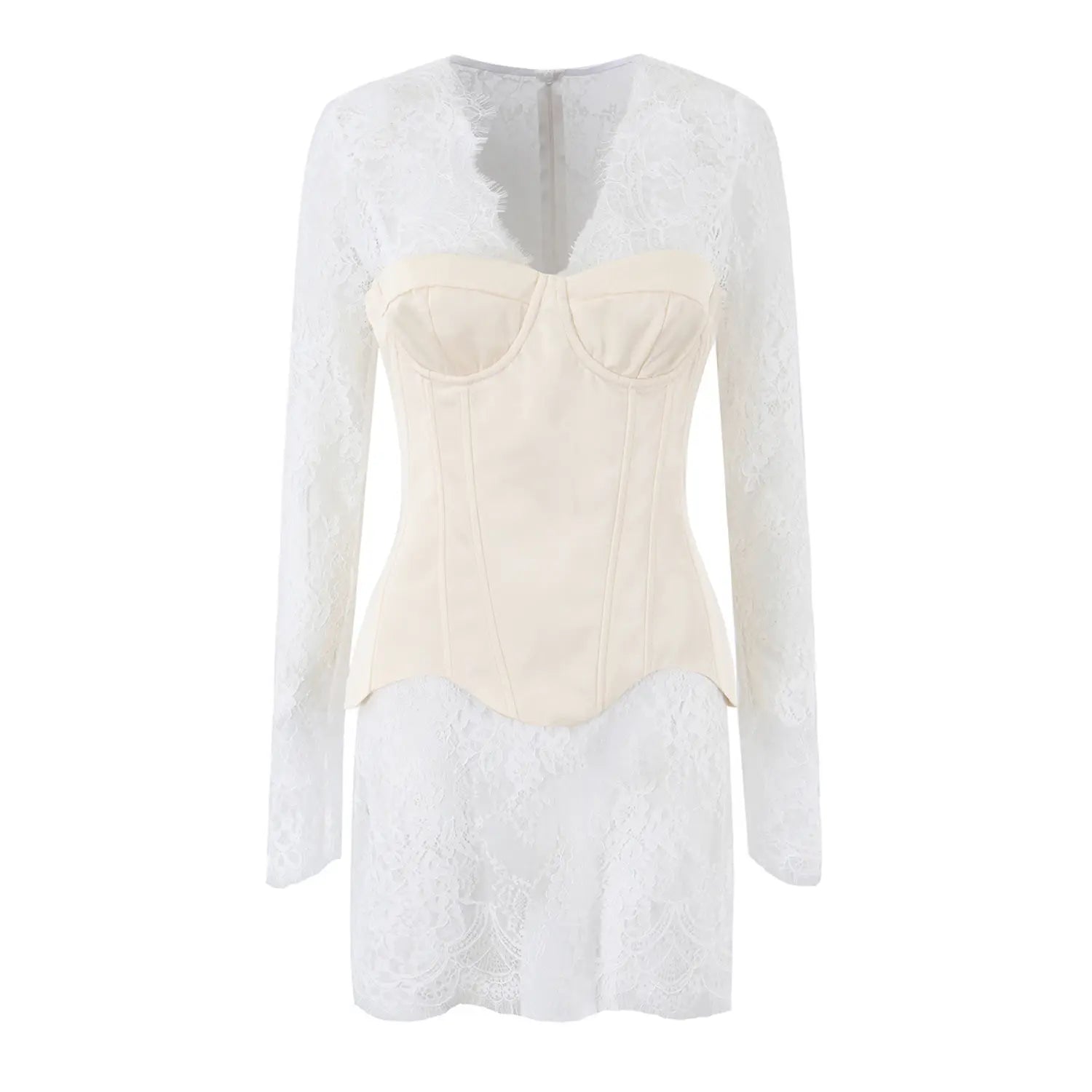 Front view white floral lace long sleeve mini dress paired with cream sweetheart corset top, deep v‑neck two‑piece look