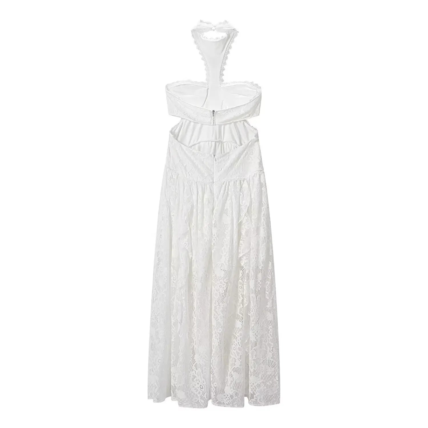 White lace maxi dress full back white background flat lay, center invisible zipper double layer waist cutout halter back button fitted waist silhouette shot