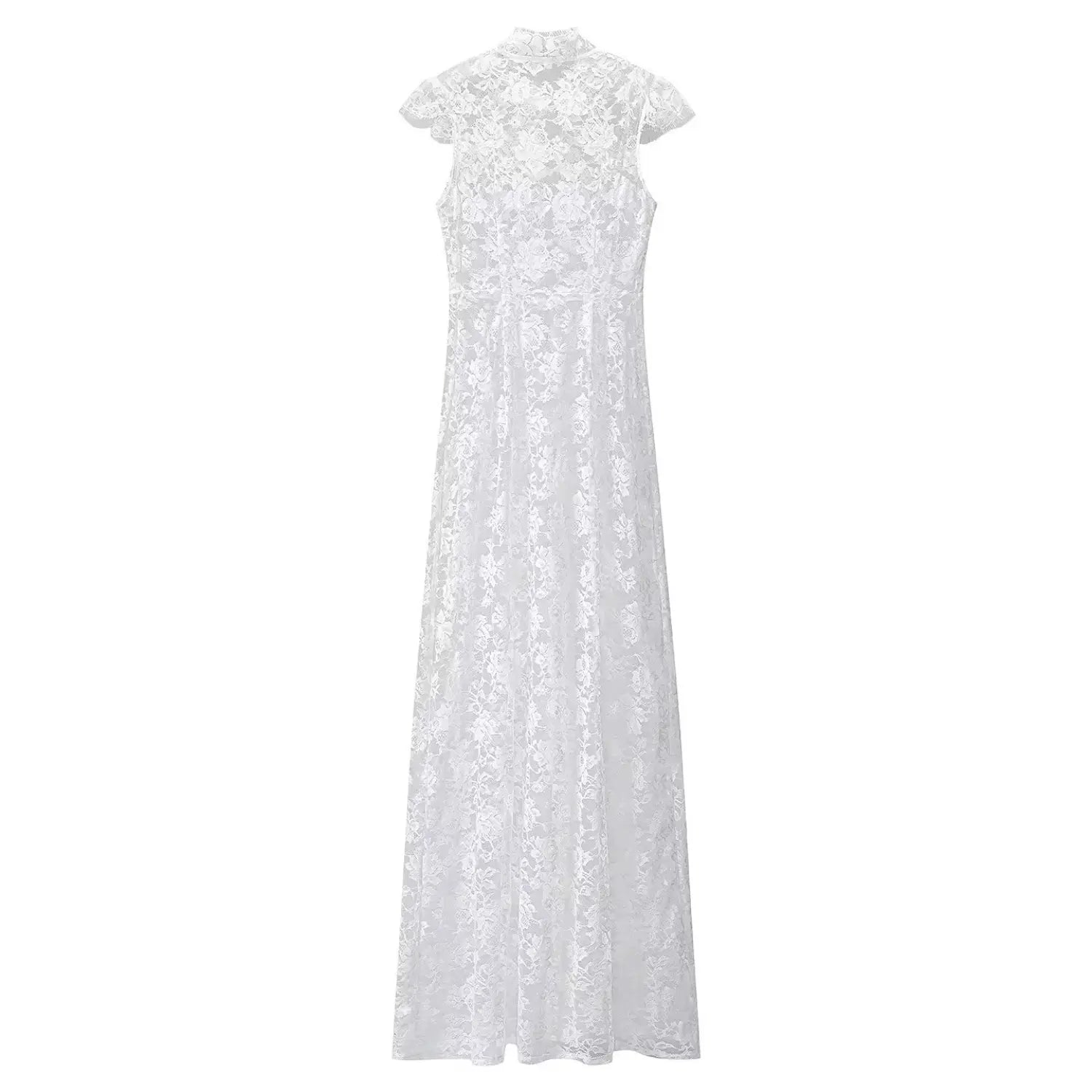 Flat lay back view white floral lace long maxi dress cap sleeve silhouette