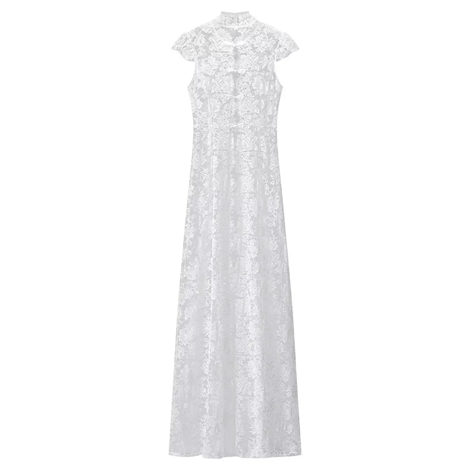 Flat lay front view white floral lace maxi dress with stand collar cap sleeve and frog button details