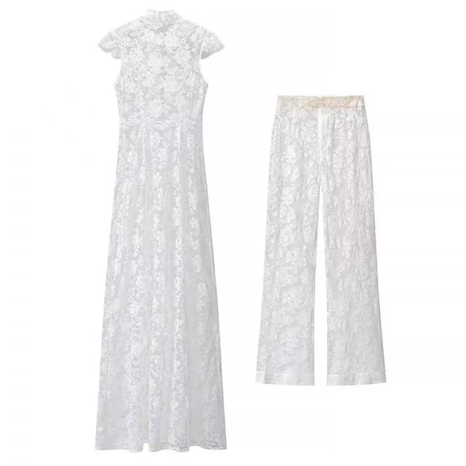Back view product shot white lace stand collar maxi dress and matching wide leg pants two piece set on plain white background