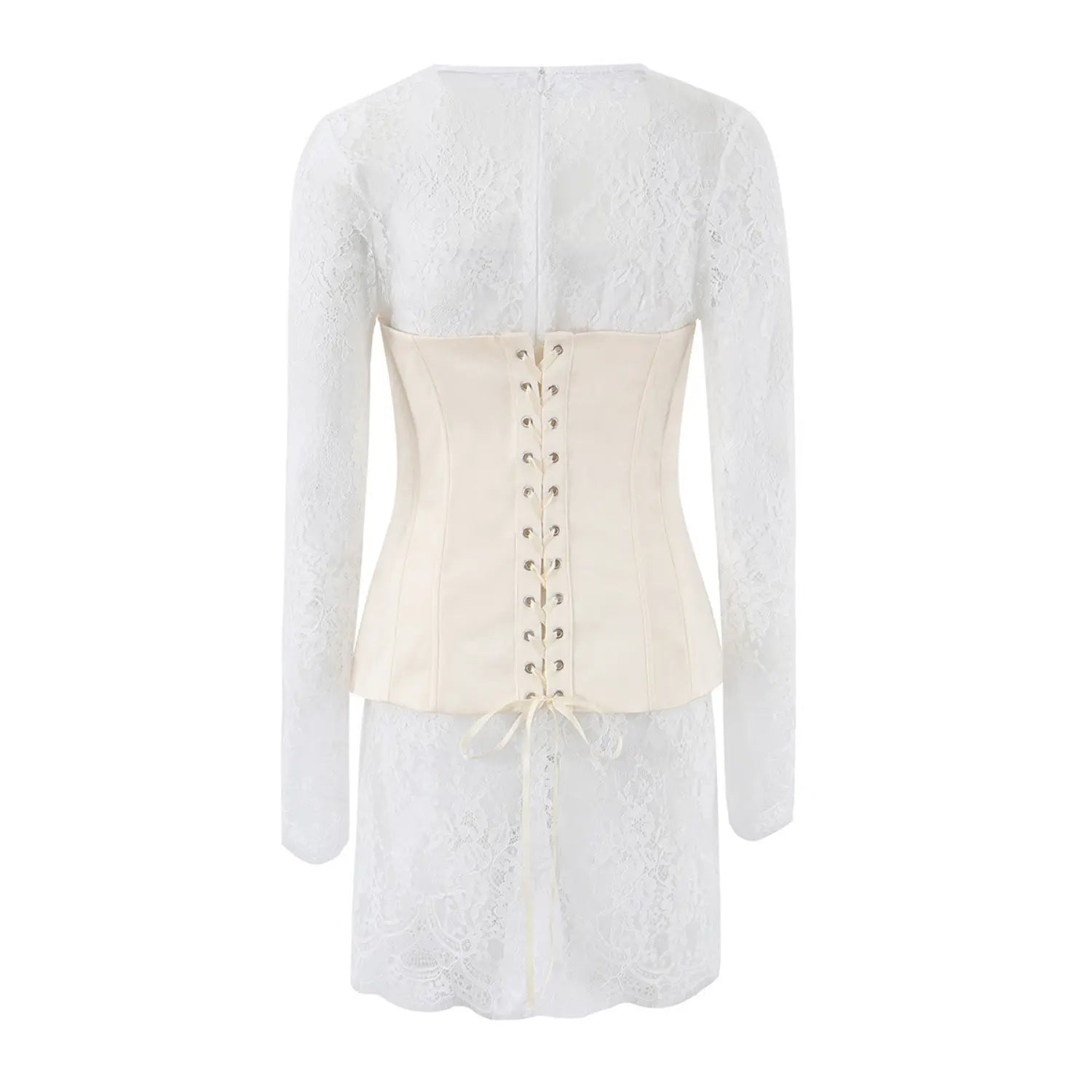 Back view white lace long sleeve mini dress with cream corset, adjustable lace‑up ribbon tie closure at back waist