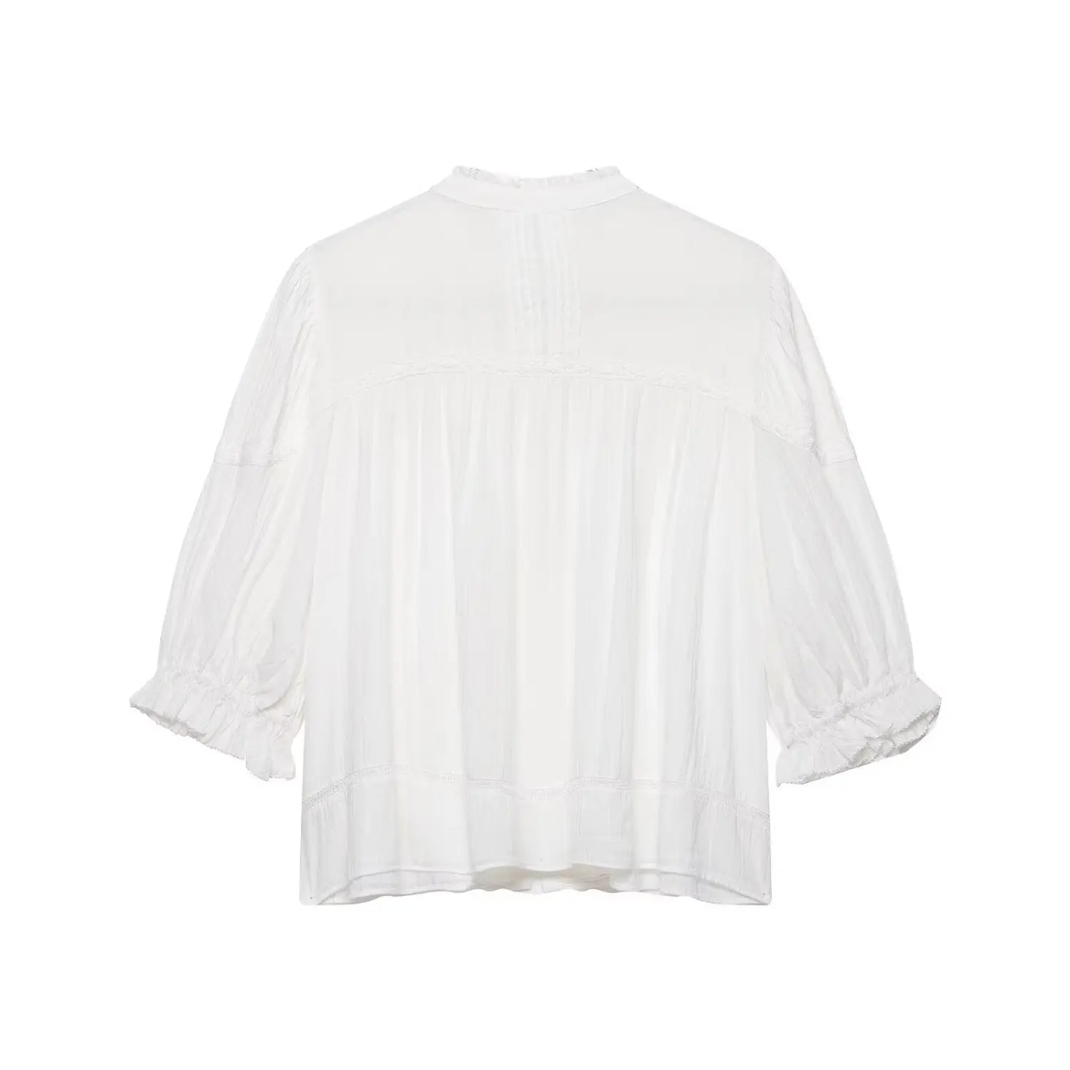 Complete back flat shot of white embroidered lace blouse, back central pintuck detail, gathered loose back bodice, lace horizontal yoke seam