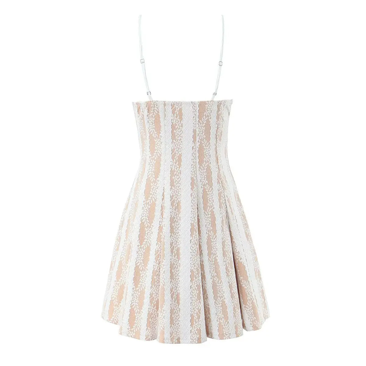 Full back flat view of a white lace spaghetti-strap dress with nude lining, adjustable straps, and flared skirt.