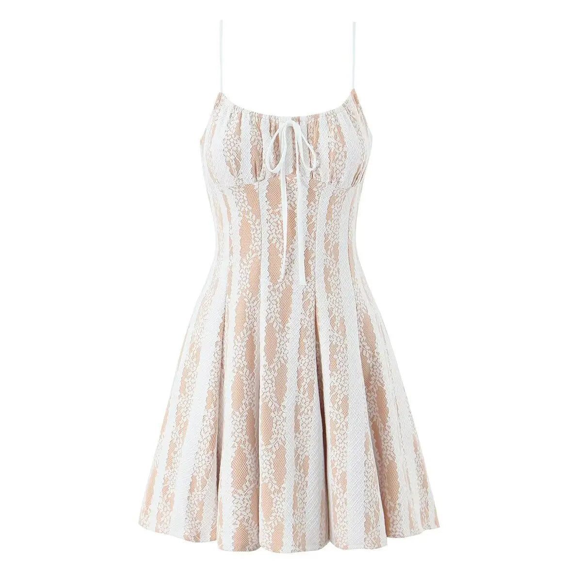 Full front flat view of a white lace spaghetti-strap dress with nude lining, front tie, and flared A-line skirt.