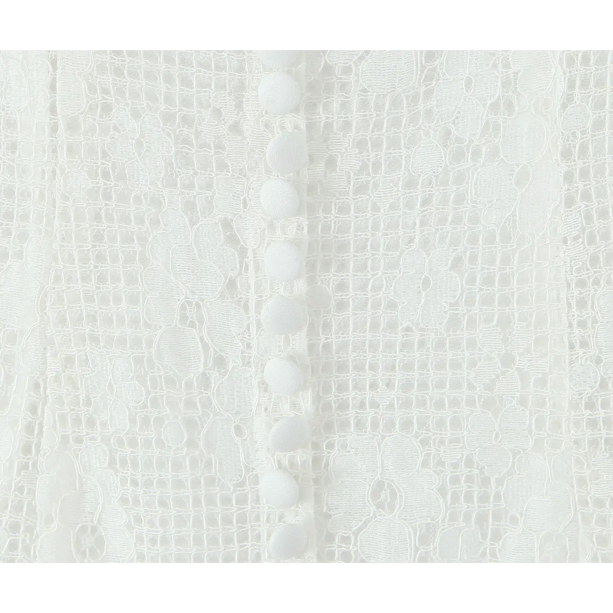 Close-up of the vertical row of covered buttons on the center front of the lace dress
