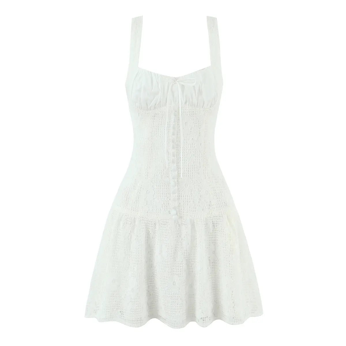 Full front view on white background of white square-neck lace mini dress with center bow and buttons