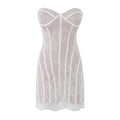 Mannequin front view white floral lace strapless corset mini dress with boning detail