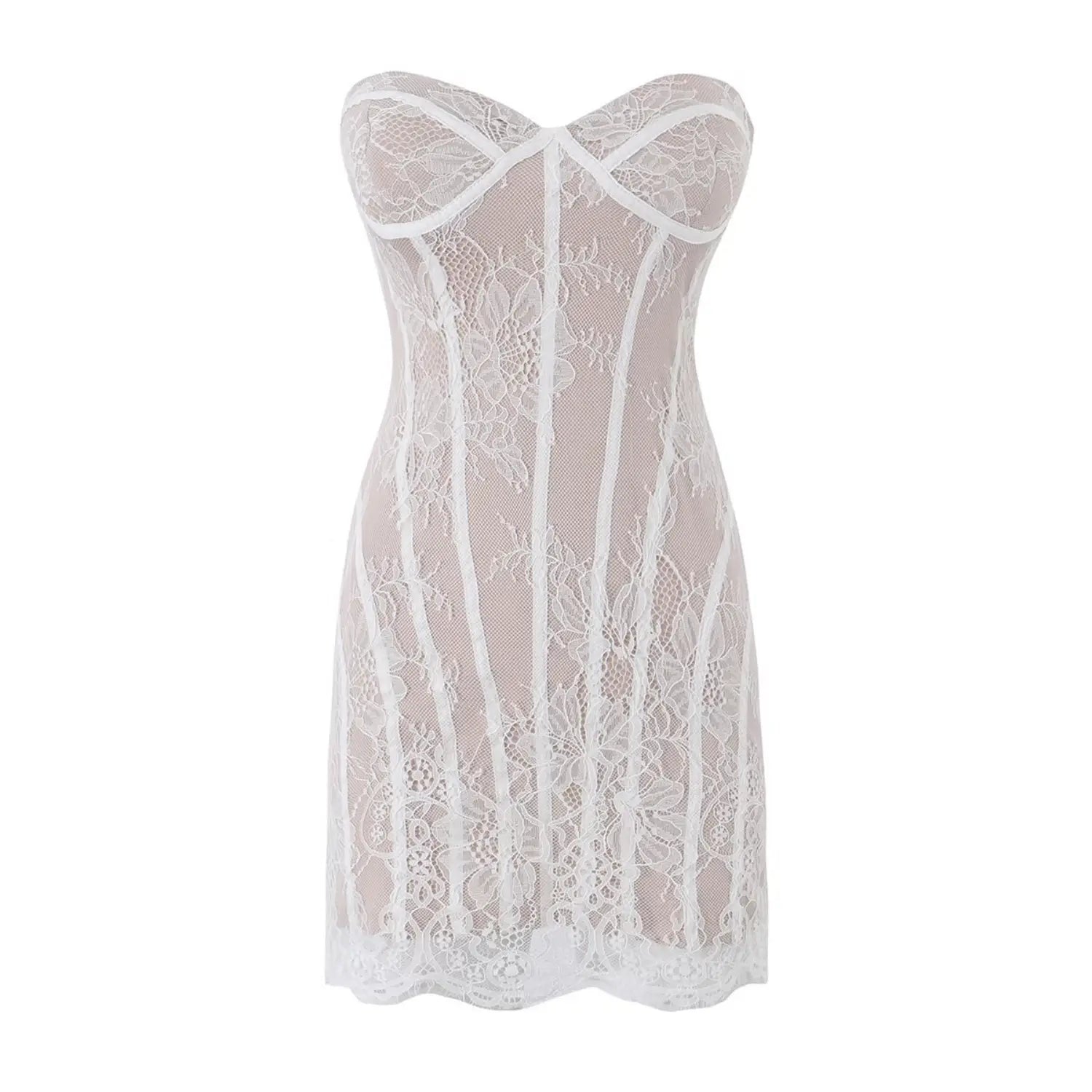 Mannequin front view white floral lace strapless corset mini dress with boning detail