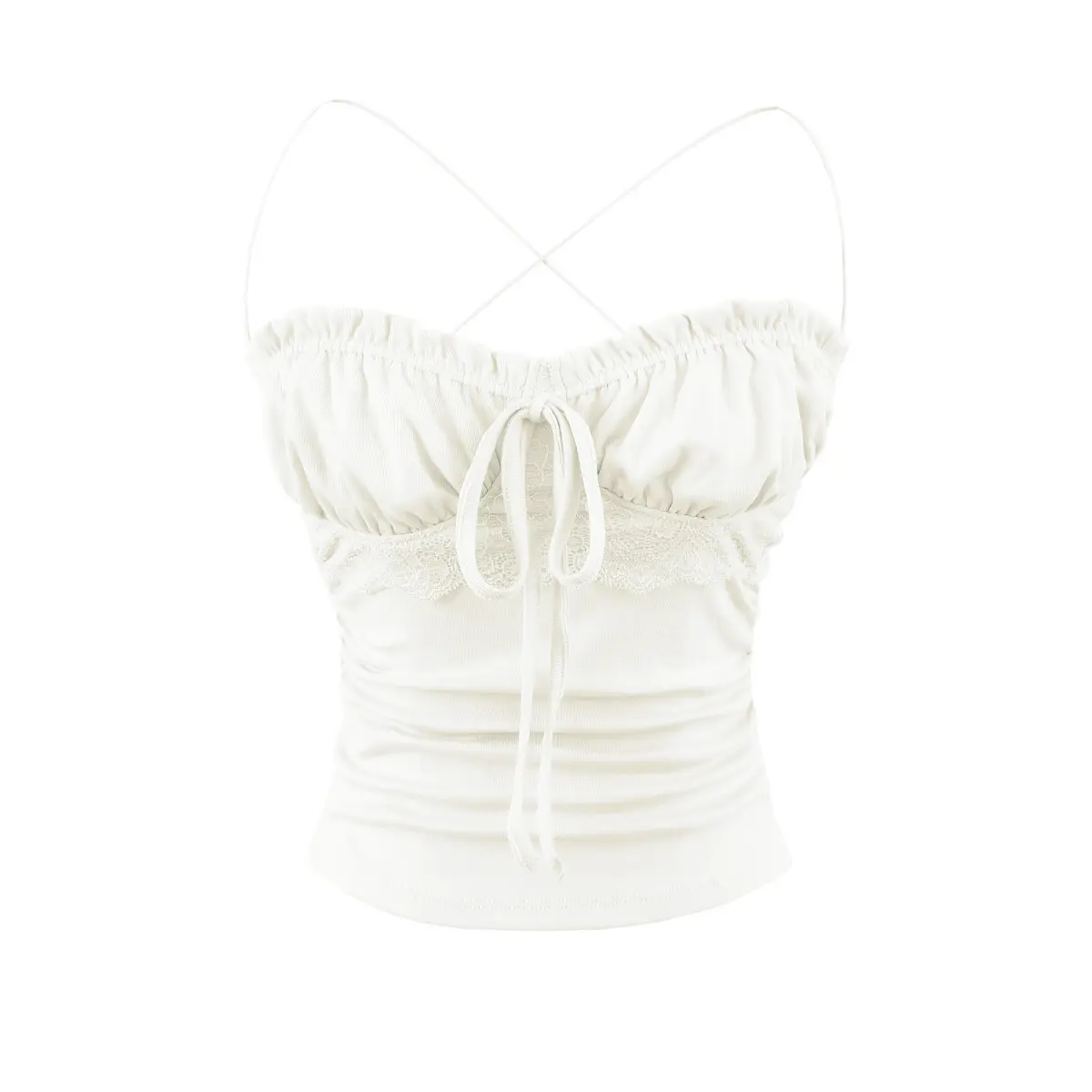 Studio shot of white lace-trim cami top, featuring drawstring bust, lace trim and side ruching.