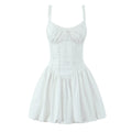 Full front view on white background of white lace-trim corset-style puffball mini dress