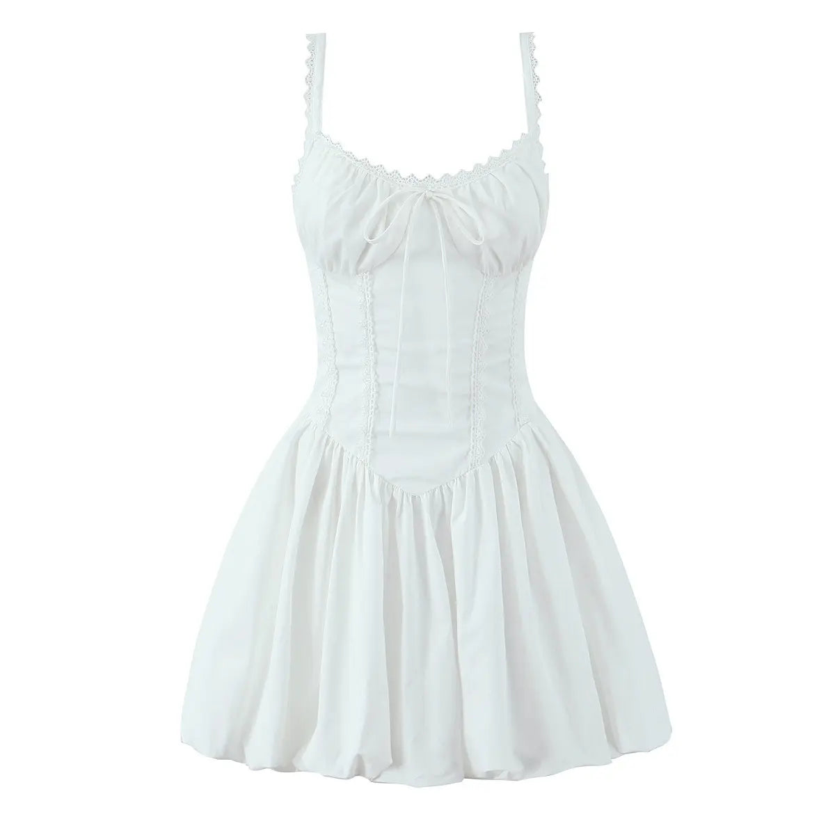 Full front view on white background of white lace-trim corset-style puffball mini dress