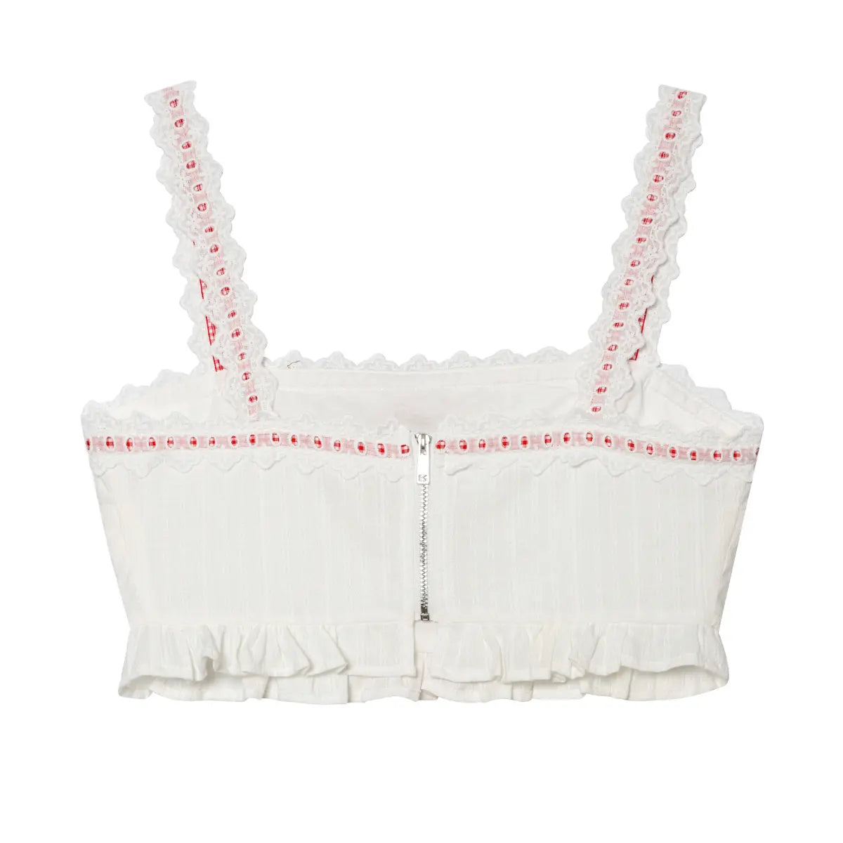 Back view of a white lace-trimmed camisole with red accents, showing the silver zipper closure, lace-trimmed straps, and a ruffled hem, isolated on a white background.