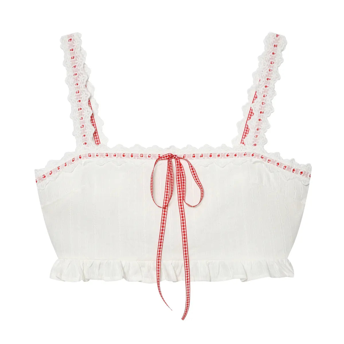 Front view of a white lace-trimmed camisole with red accents, featuring a red gingham ribbon bow at the bust, lace straps, and a ruffled hem, isolated on a white background.