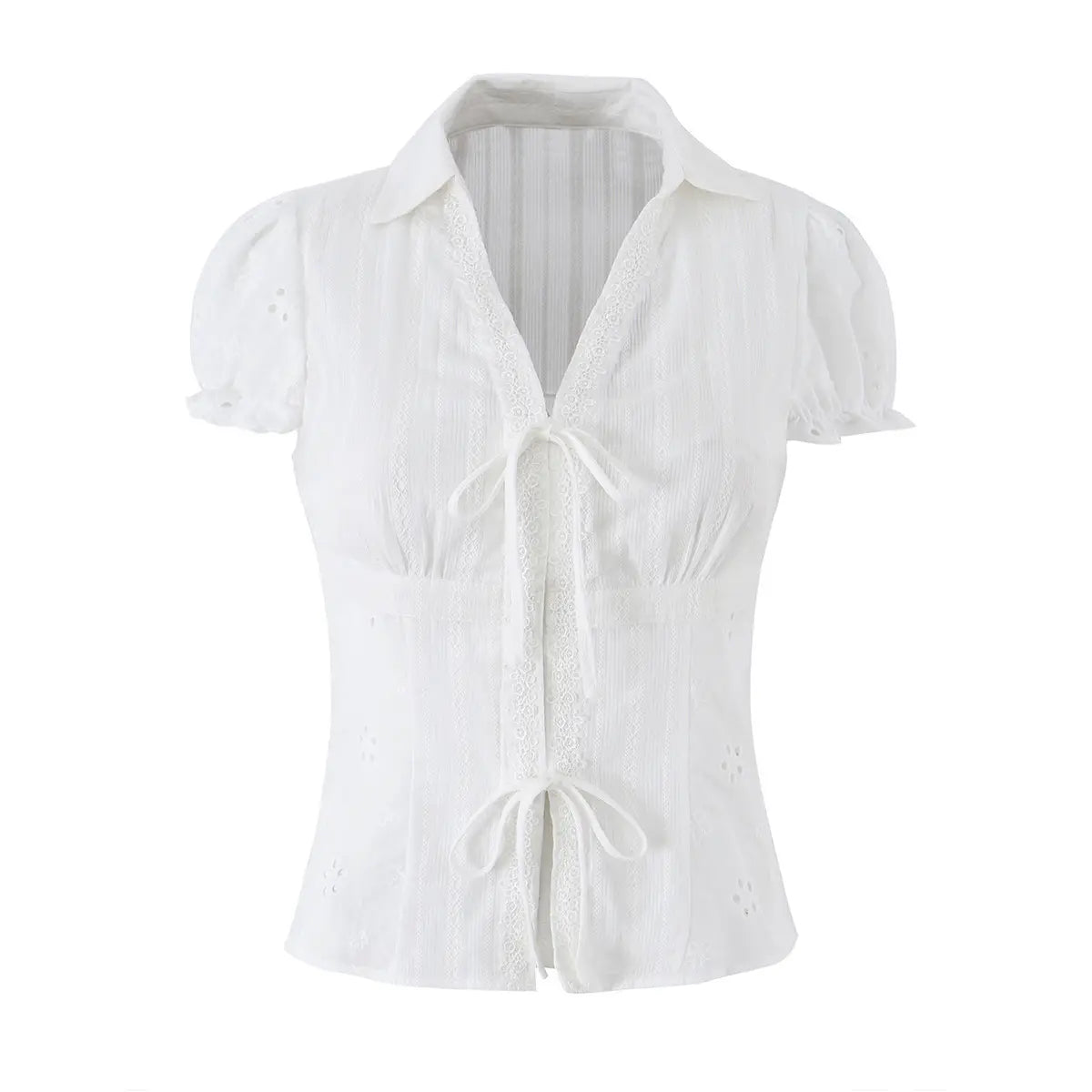 Studio shot of a white bustier-style shirt with a pointed collar, puff sleeves, lace trim, and two front tie closures.