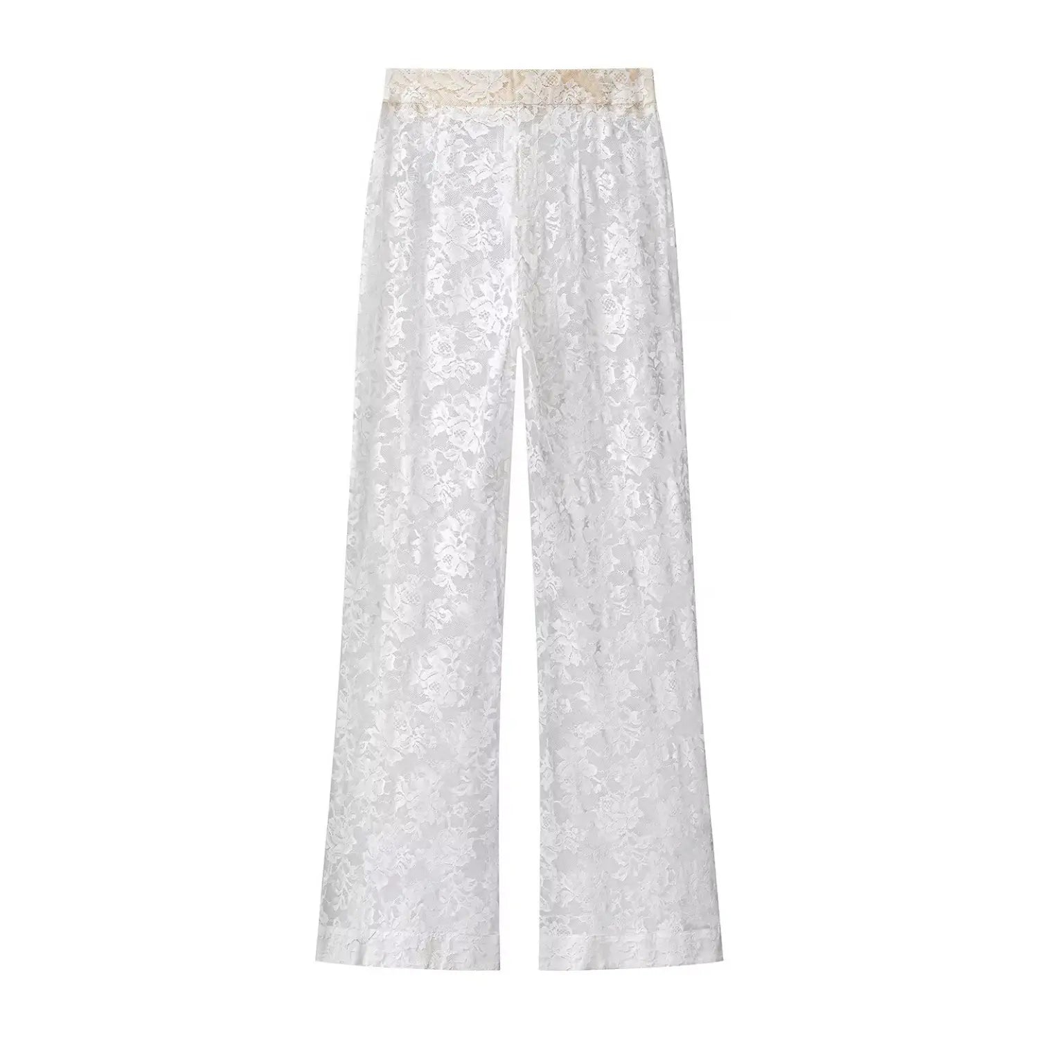 Flat lay back view white sheer floral lace wide leg pants