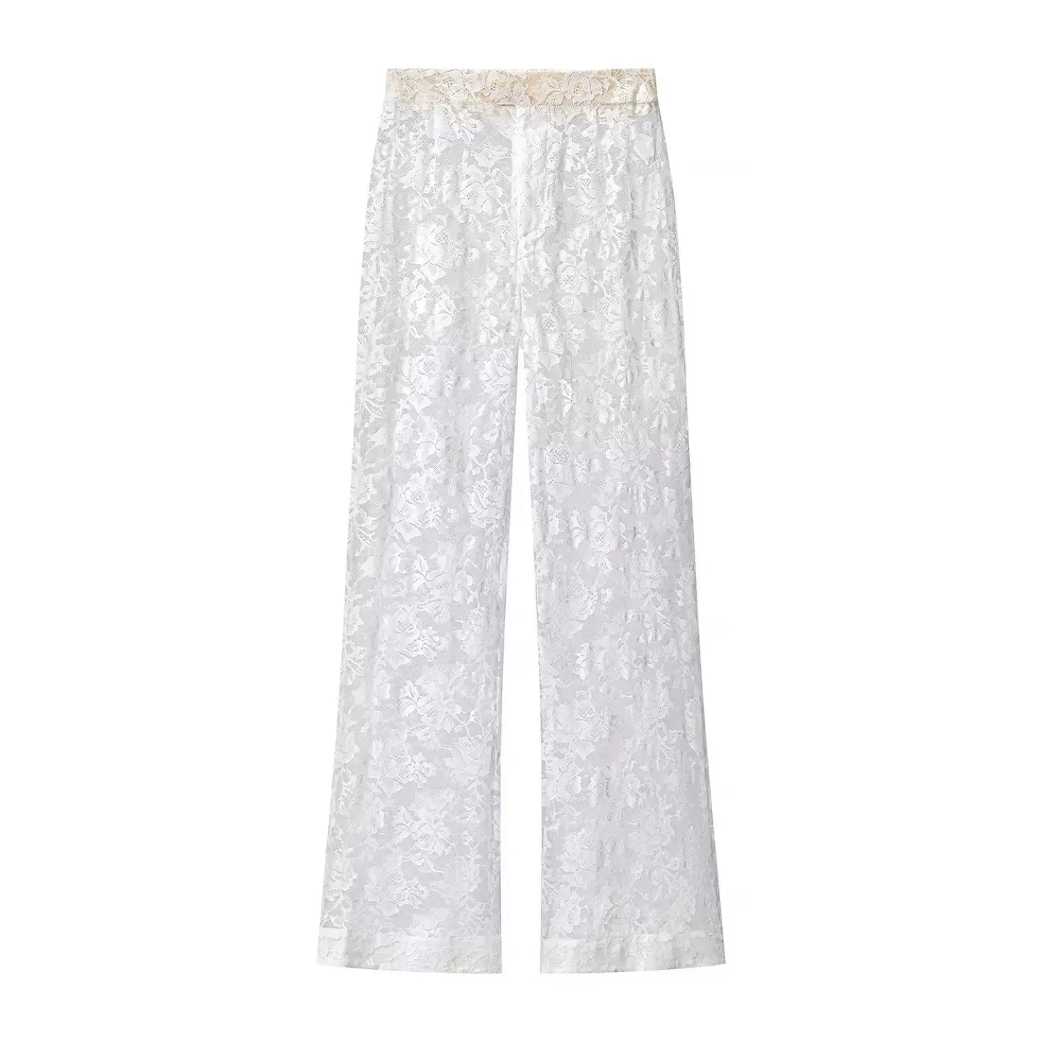 Flat lay front white floral lace wide leg trousers elastic waistband
