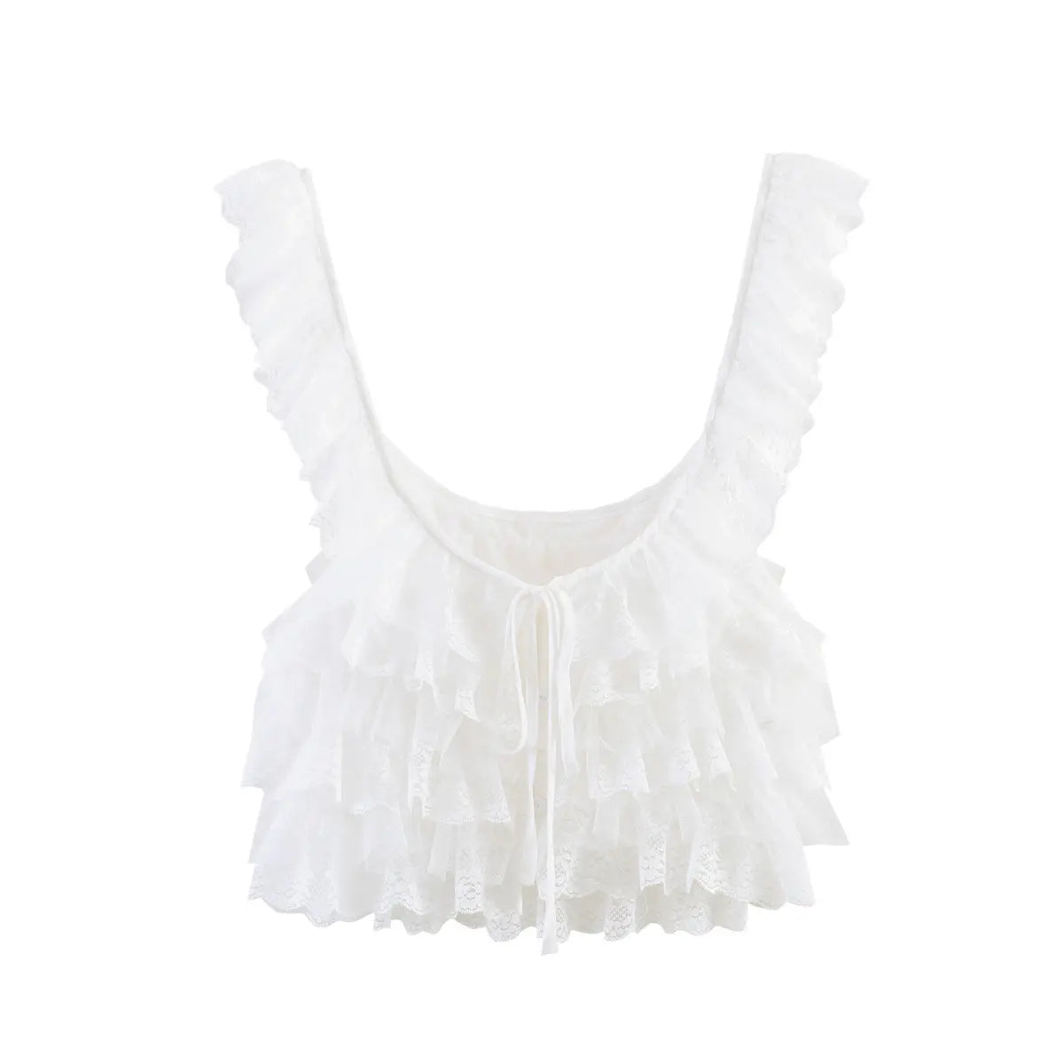 Front view of a white layered lace ruffle camisole with a U-neckline, wide lace straps, and a front tie detail, isolated on a white background.