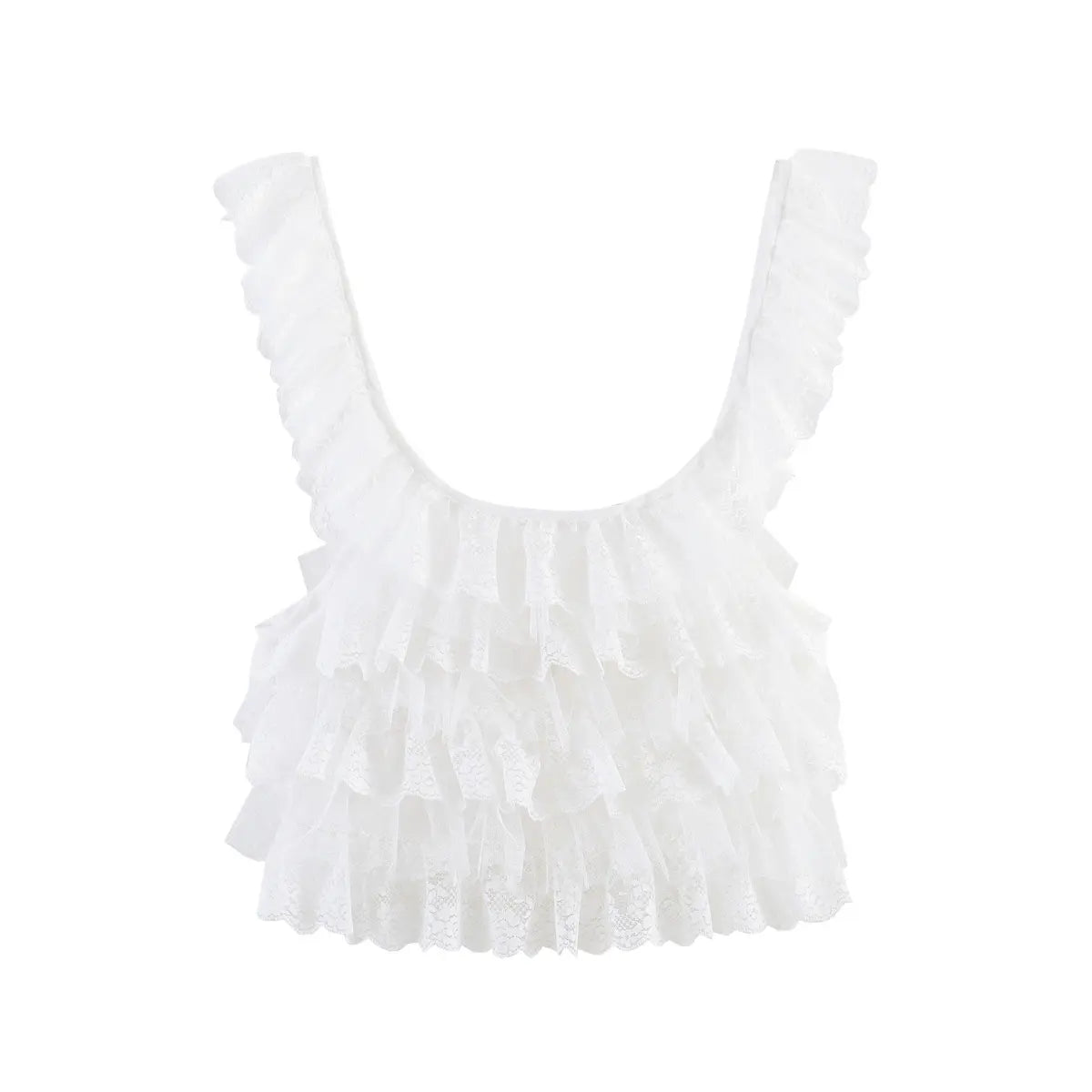 Front view of a white layered lace ruffle camisole with a U-neckline and wide lace straps, isolated on a white background.