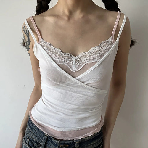 White outer light pink lace mesh cami indoor model shot, soft light pink floral lace V neck double mesh ruched waist korean soft inner layering display