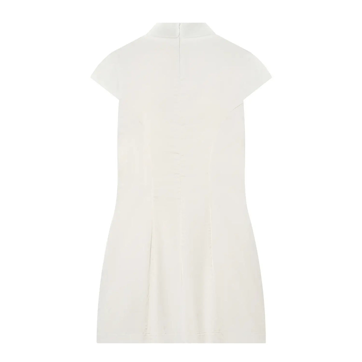Back flat lay of white mandarin collar frog button short sleeve mini dress
