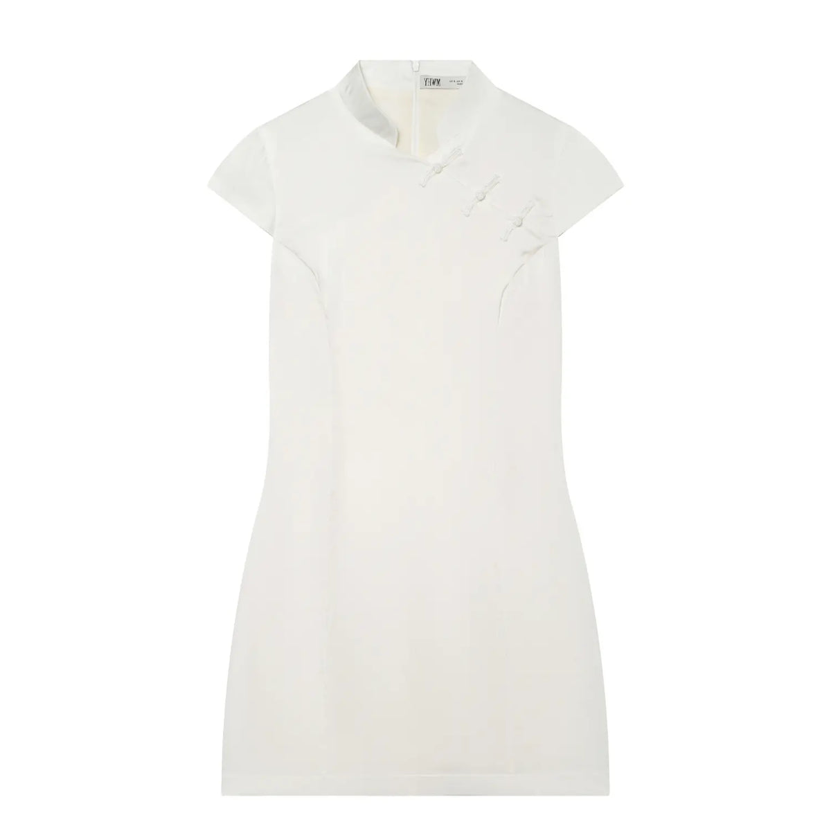 Front flat lay of white mandarin collar frog button short sleeve mini dress