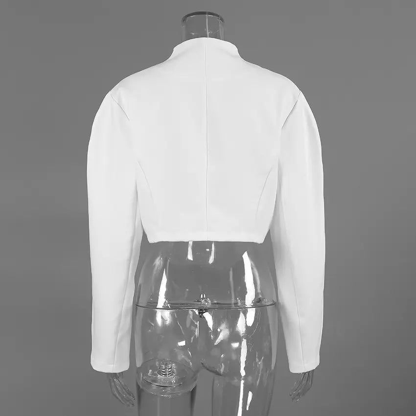 White mandarin collar wrap front cropped jacket on mannequin, back view