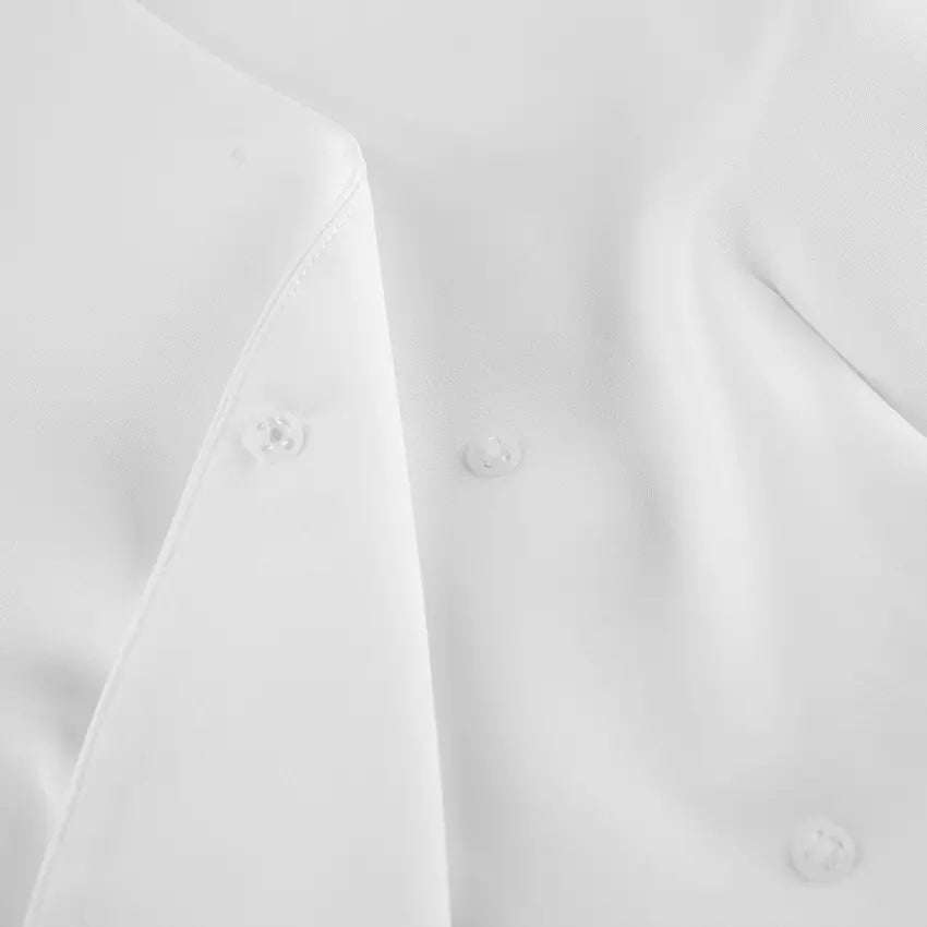 Close-up of wrap front hidden buttons