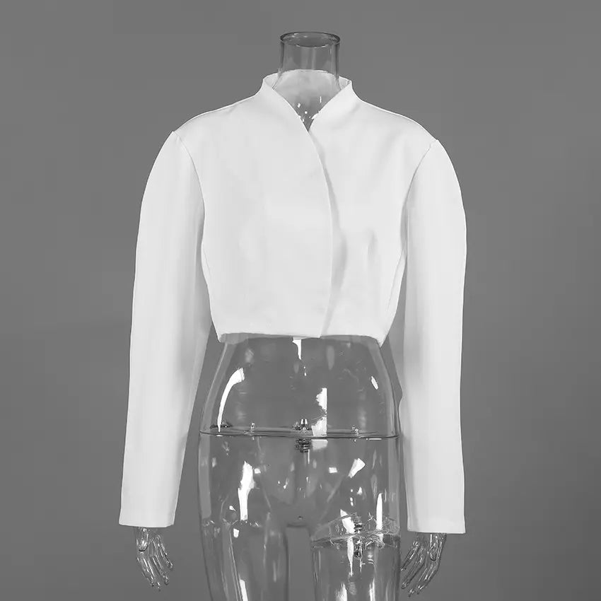 White mandarin collar wrap front cropped jacket on mannequin, front view