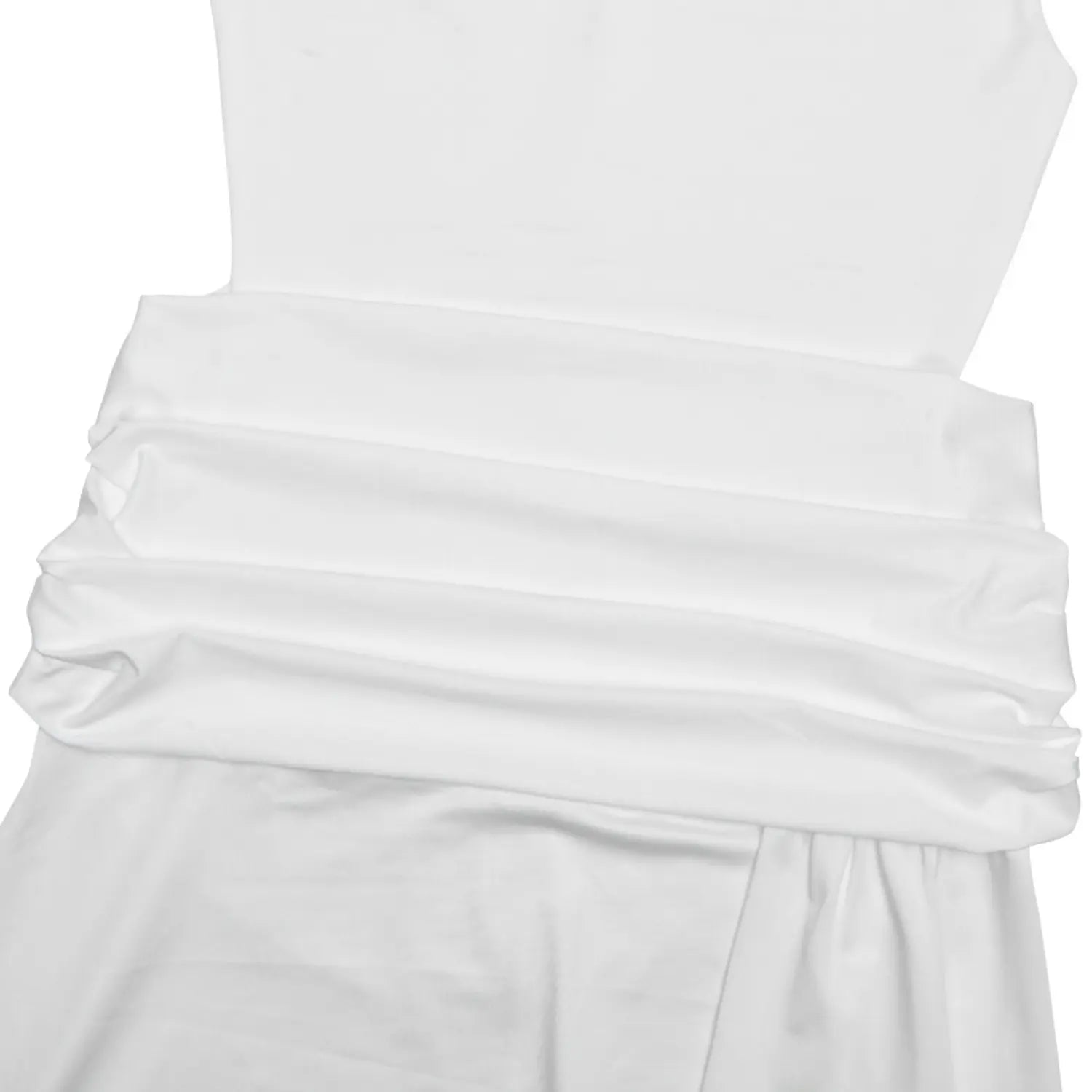 Close‑up flat lay white maxi dress waist draped ruched fabric texture