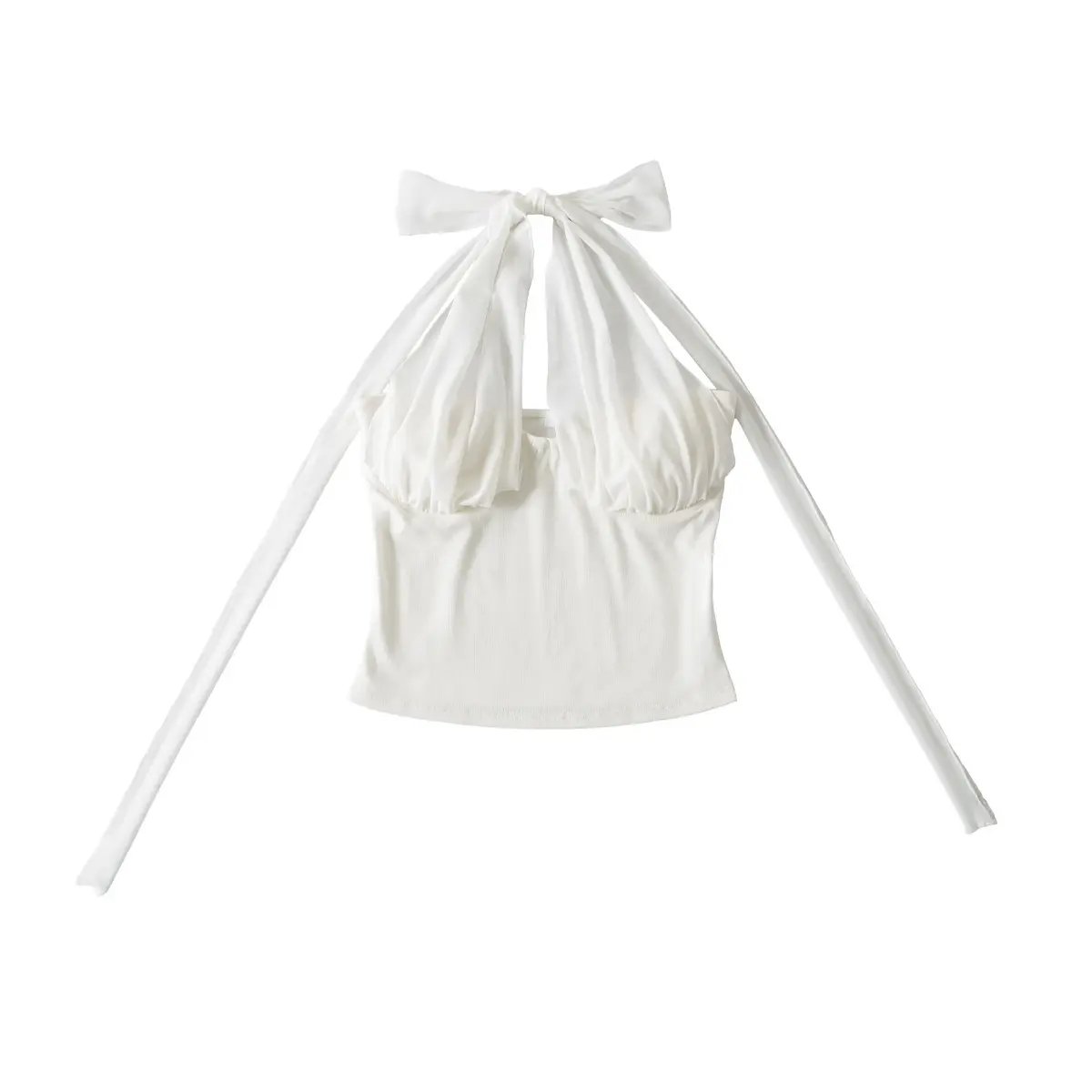 Full front view of the white halter top, featuring a sheer mesh bow tie, overlay, and ribbed knit base.