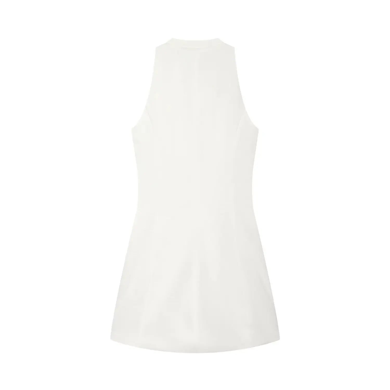 Flat‑lay back view of white sleeveless military inspired mini dress, clean solid back silhouette