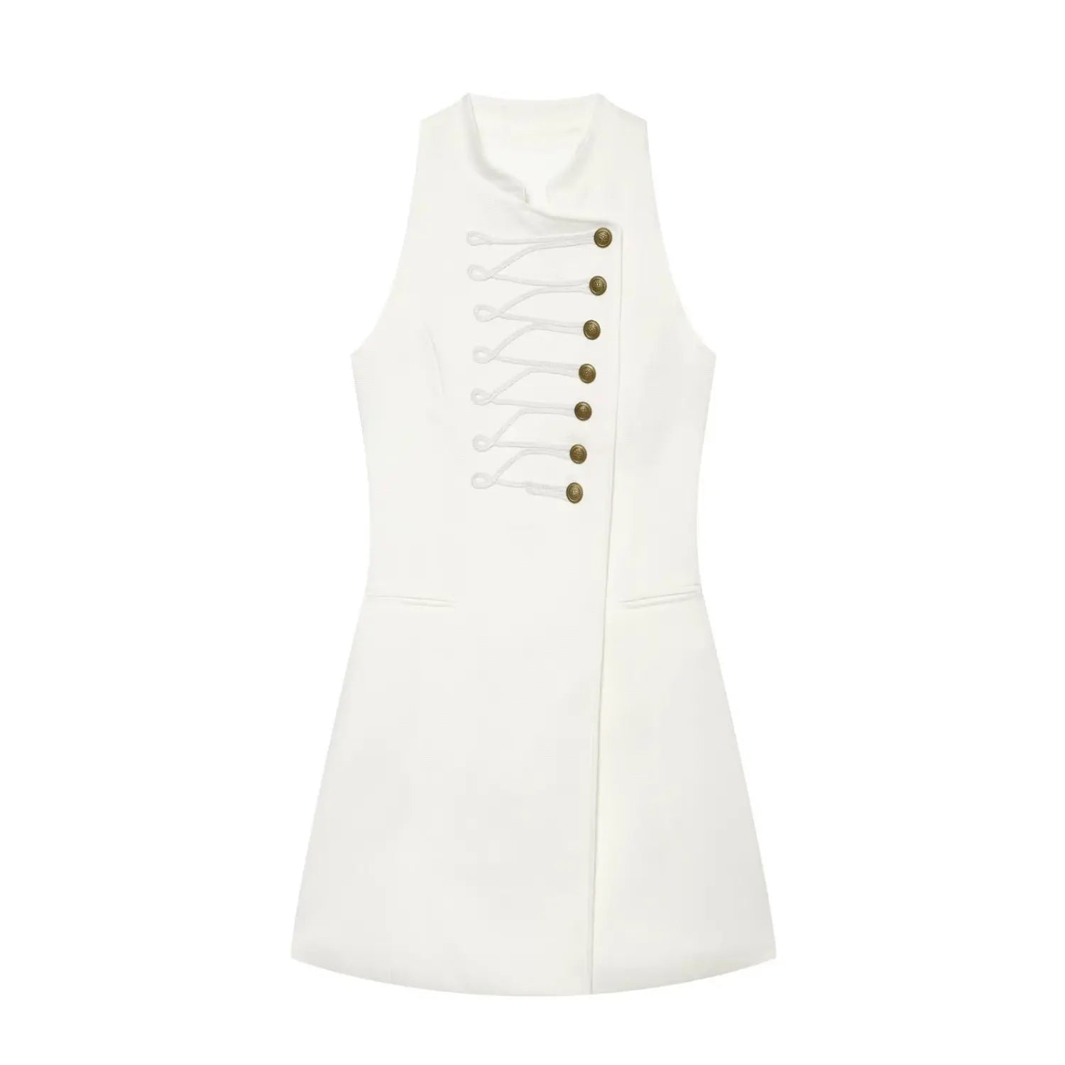 Flat‑lay front view of white military style sleeveless mini dress with braided cord trim and antique gold buttons