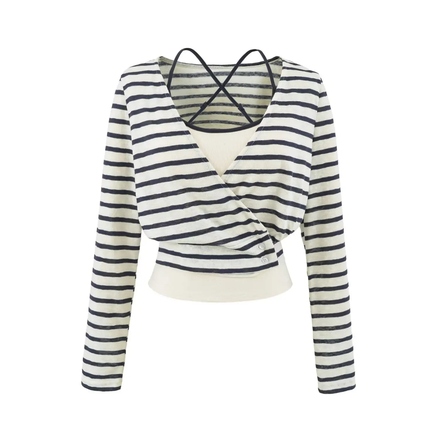 Front view of white navy striped wrap long sleeve cropped top with criss cross back camisole, 2 piece set