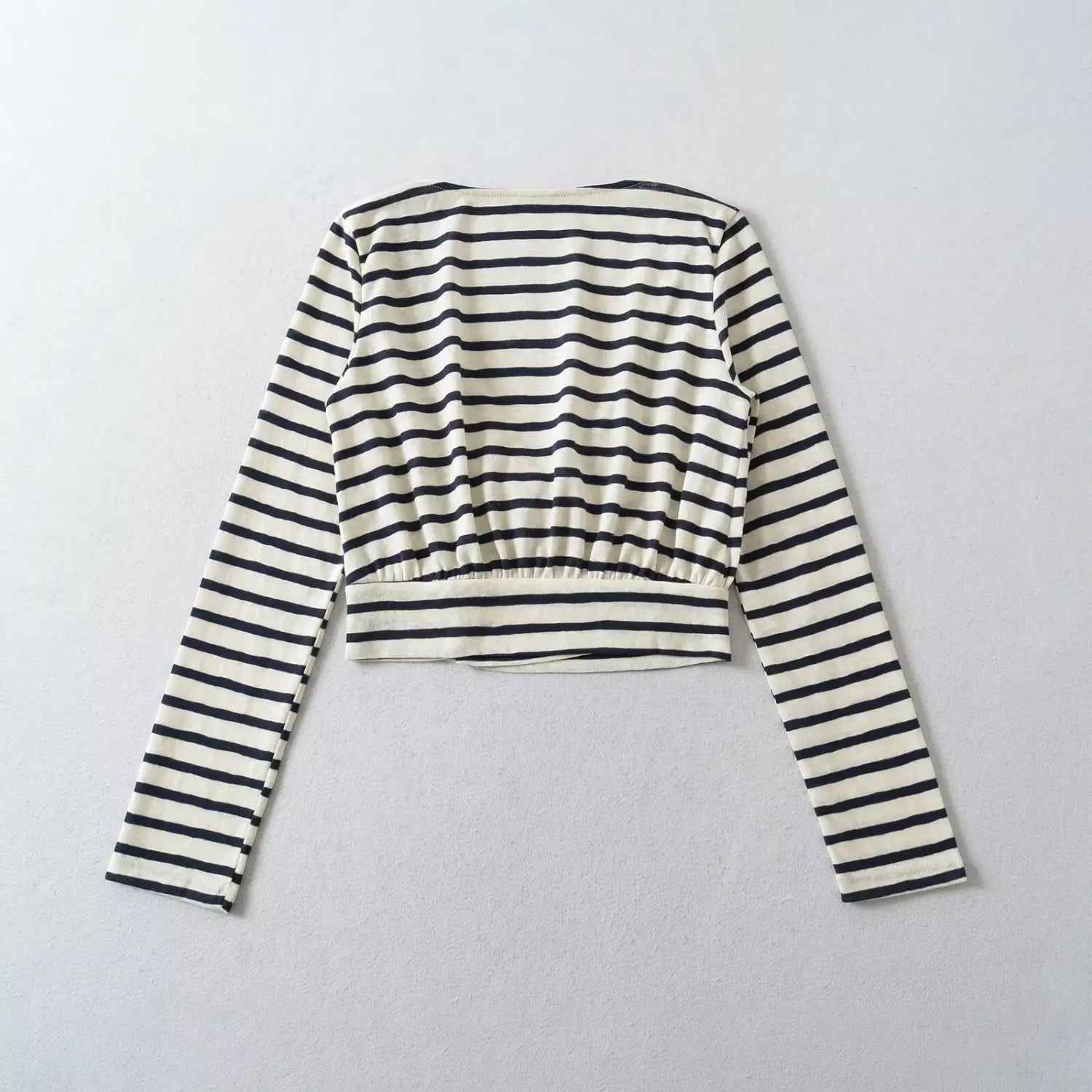 Back flat lay white navy stripe wrap long sleeve cropped top, elasticated waist design