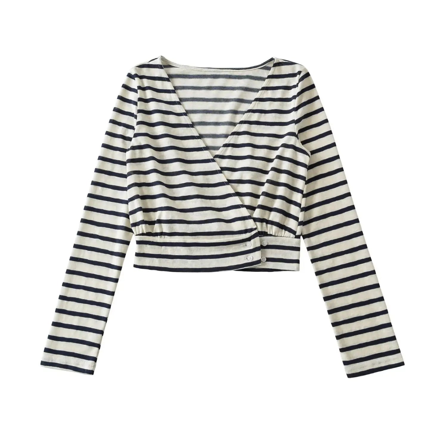 Front flat lay white navy striped v-neck wrap long sleeve cropped blouse with side buttons