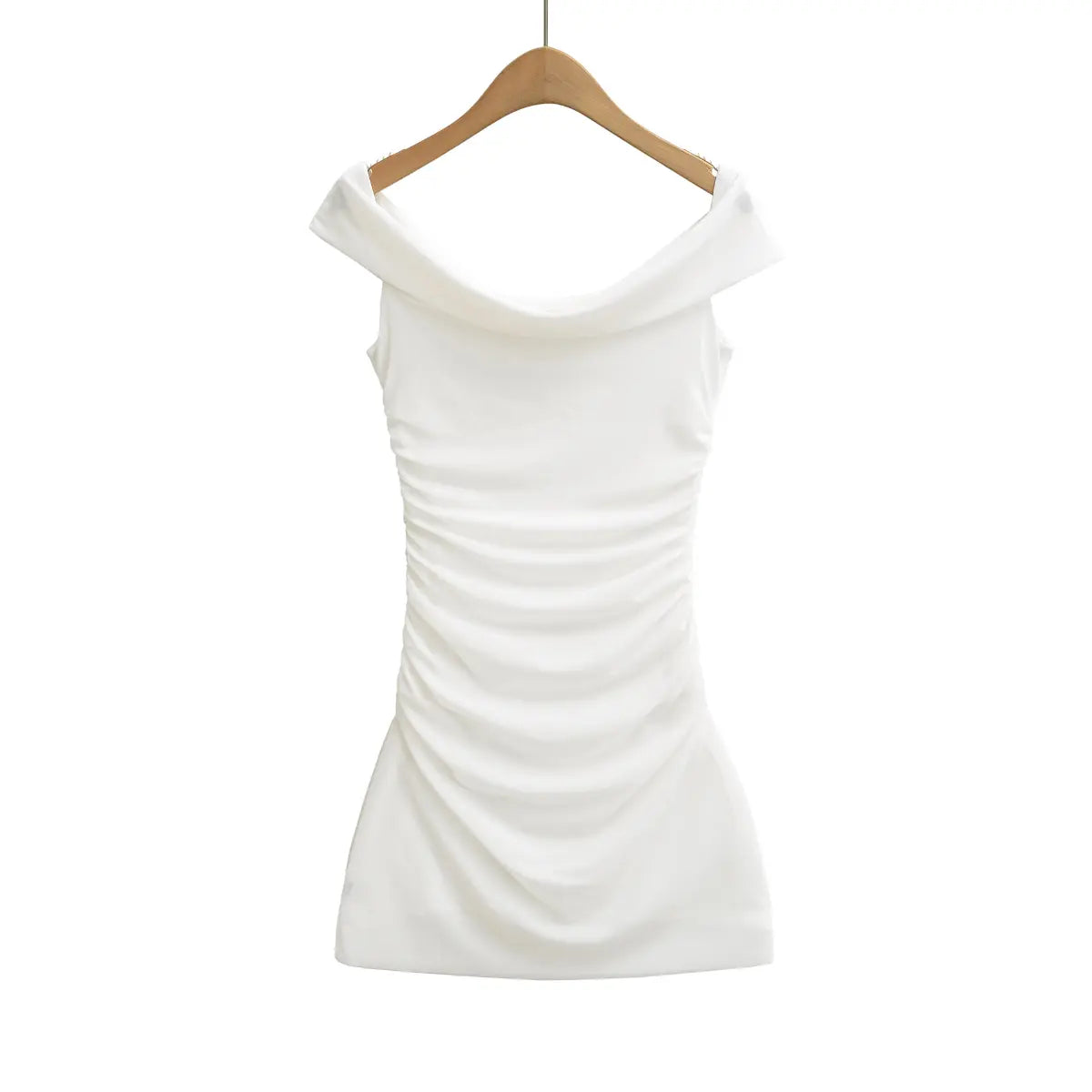 Full back view of the white mesh off-the-shoulder dress on a wooden hanger