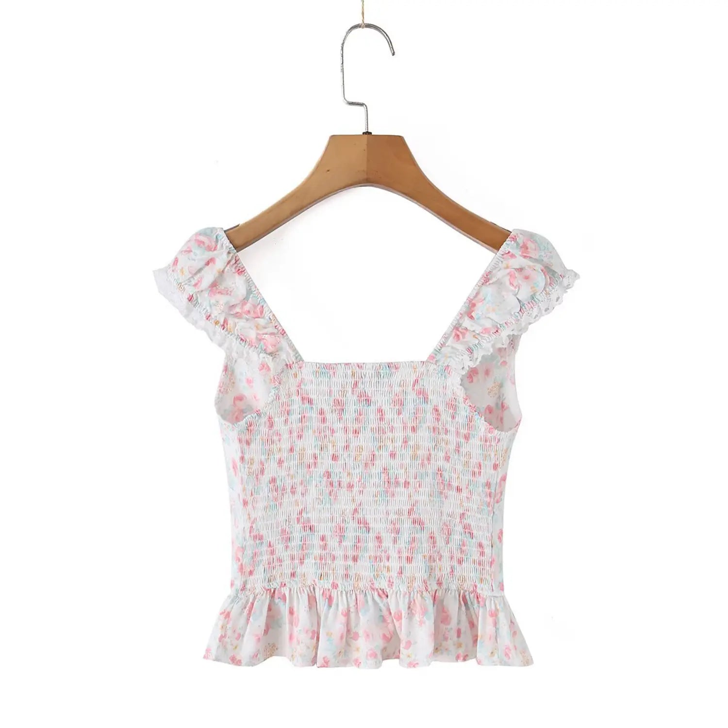 Full back flat lay stretch cropped cami top, entire back panel dense colorful smocked shirring, elastic ruffle lace cap sleeves, flared peplum ruffle hem, all-over soft pink blue yellow watercolor floral print