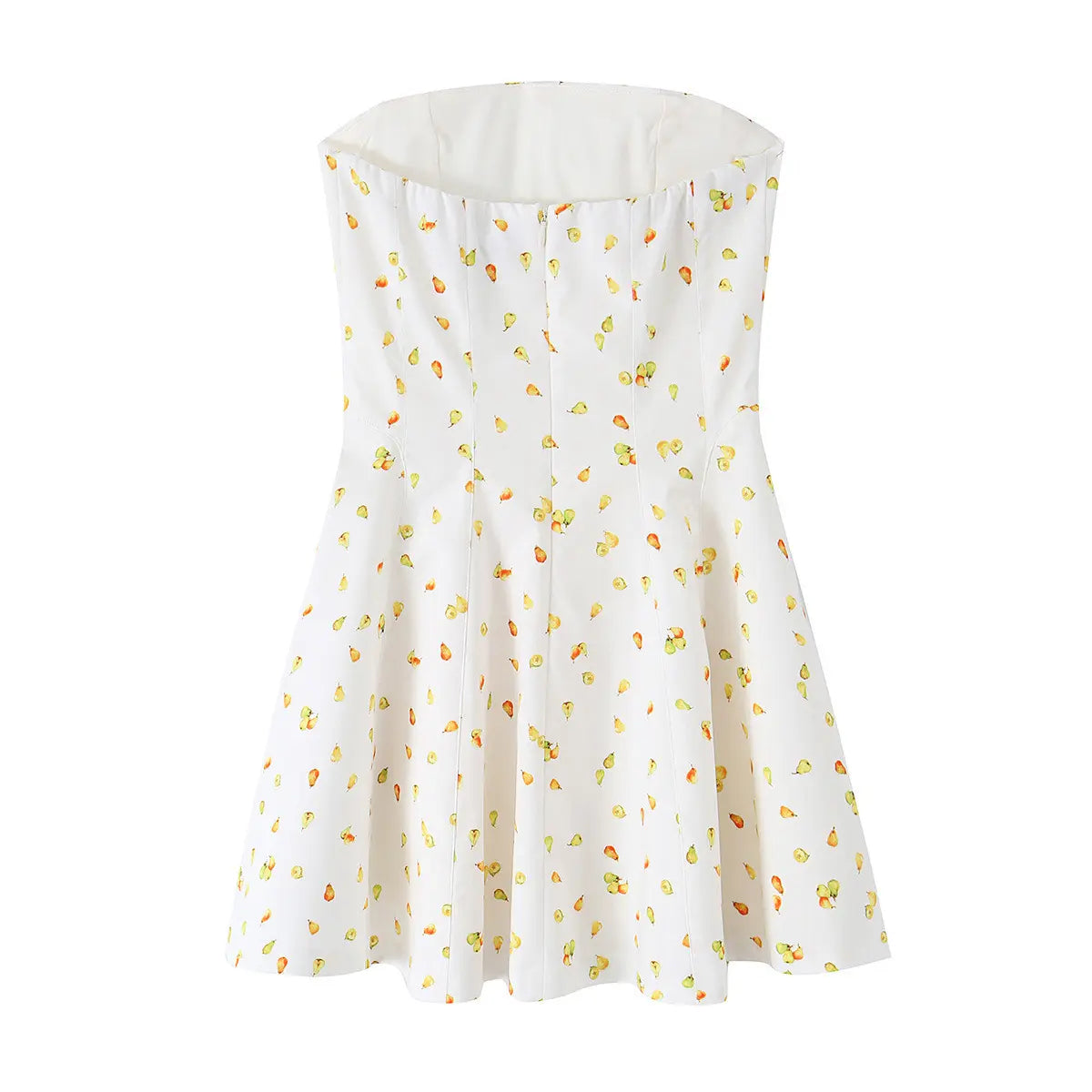 White strapless mini dress with watercolor pear print, structured bodice and flared skirt, back view flat lay on white background.