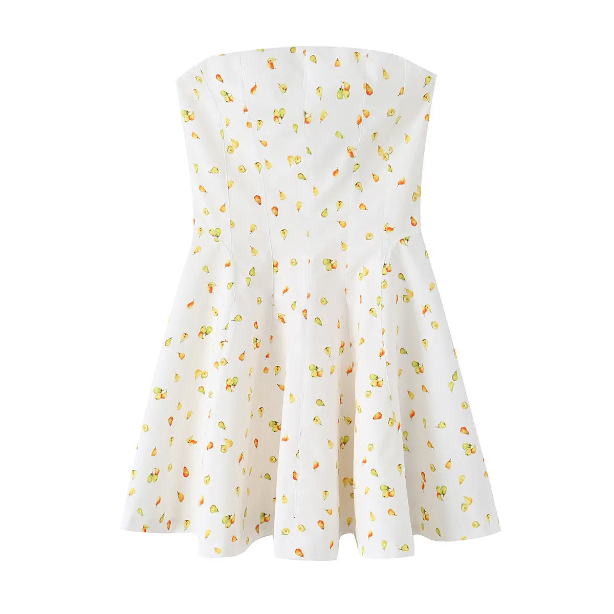 White strapless mini dress with watercolor pear print, structured bodice and flared skirt, front view flat lay on white background.