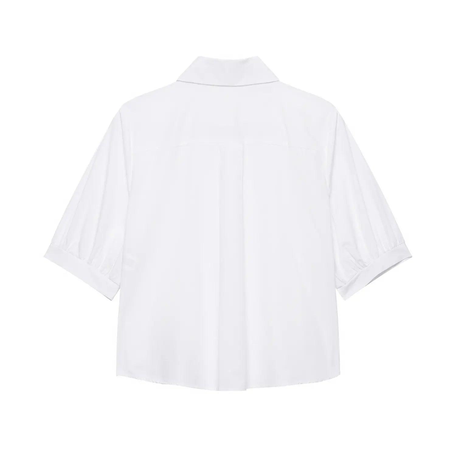 Back view white collared cropped blouse with pleated back yoke and puff sleeves