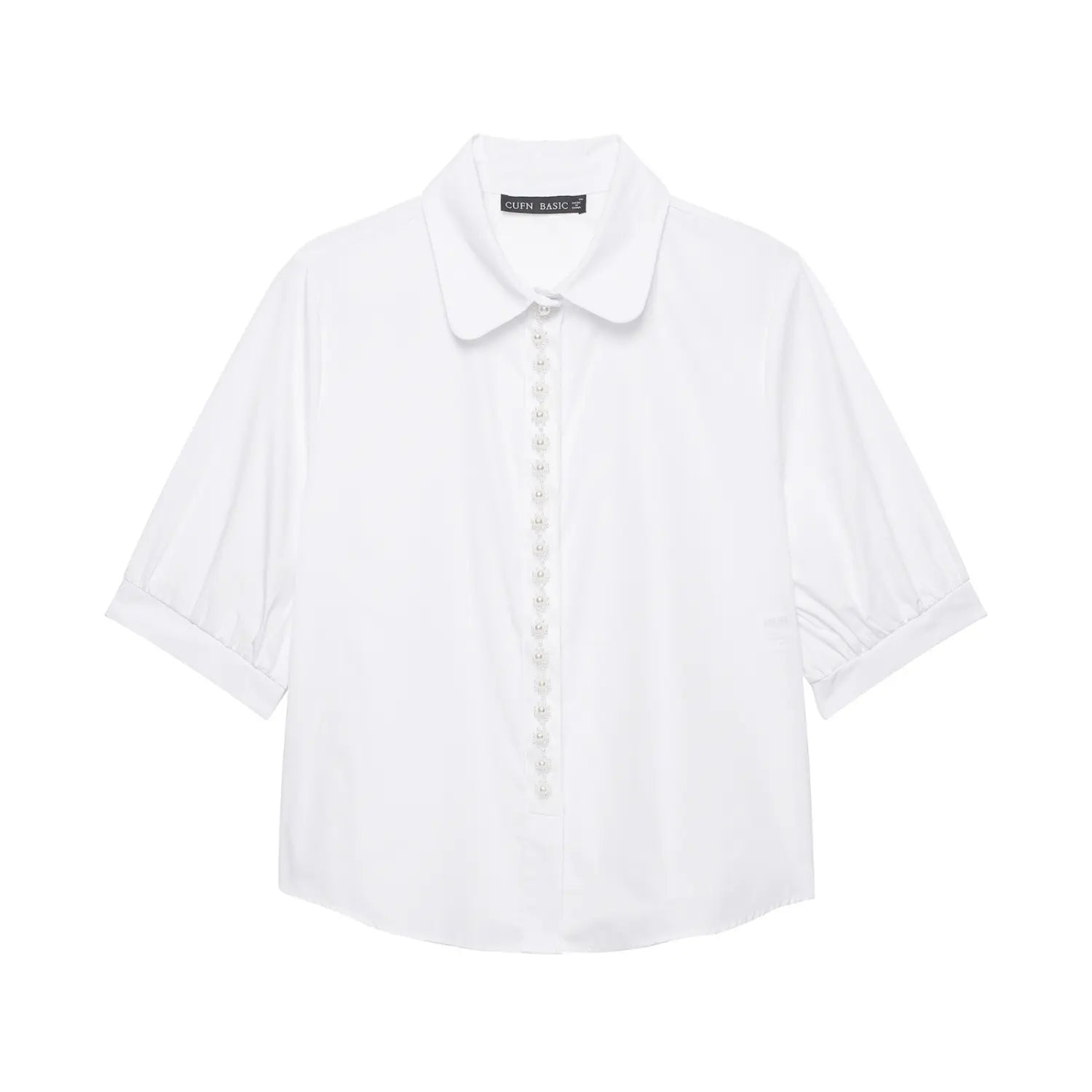 White collared cropped shirt with floral pearl trim placket and puff mid sleeves front view