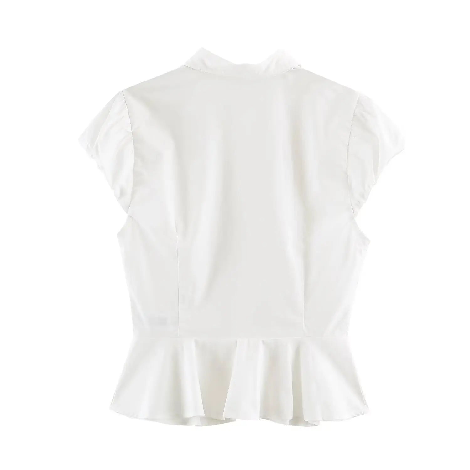 Back view white fitted peplum shirt with cap gathered short sleeves